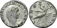Roman Imperial Coins DIVA MARINIANA (Died before 253). Antoninianus. Rome. Struck under Valerian I. Obv: DIVAE MARINIANAE. Veiled and draped bust right, set upon crescent. Rev: CONSECRATIO. Mariniana,
