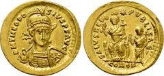 Roman Imperial Coins THEODOSIUS II (402-450). GOLD Solidus. Constantinople. Consular issue. Obv: D N THEODOSIVS P F AVG. Helmeted and cuirassed bust facing slightly right, holding spear and shield dec