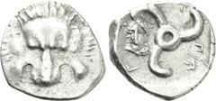 Greek Coins DYNASTS OF LYCIA. Perikles (Circa 380-360 BC). Tetrobol. Uncertain mint, possibly Phellos. Obv: Facing scalp of lion. Rev: Triskeles; in field to left, laureate and draped bust of Apollo f