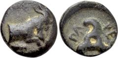 Greek Coins DYNASTS OF LYCIA. Perikles (Circa 380-360 BC). Ae. Obv: Forepart of a goat right; below, club(?). Rev: Triskeles; dynast's name in Lycian around. SNG von Aulock 4259-60 (control); Svoronos