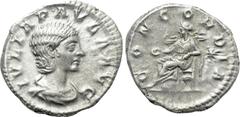 Roman Imperial Coins JULIA PAULA (Augusta, 219-220). Denarius. Rome. Obv: IVLIA PAVLA AVG. Draped bust right. Rev: CONCORDIA. Concordia seated left on throne, holding patera; star to right. RIC 211 (E