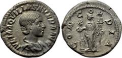 Roman Imperial Coins AQUILIA SEVERA (Augusta, 220-221 & 221-222). Denarius. Rome. Obv: IVLIA AQVILIA SEVERA AVG. Draped bust right. Rev: CONCORDIA. Concordia standing left, holding double cornucopia a
