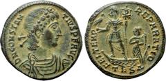 Roman Imperial Coins CONSTANTIUS II (337-361). Ae. Thessalonica. Obv: D N CONSTANTIVS P F AVG. Diademed, draped and cuirassed bust right. Rev: FEL TEMP REPARATIO / TESΔ. Constantius, holding phoenix o