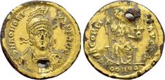 Roman Imperial Coins HONORIUS (393-423). Fourrée Solidus. Imitating Constantinople. Obv: D N HONORIVS P F AVG. Diademed, helmeted and cuirassed bust facing slightly right, holding spear and shield dec