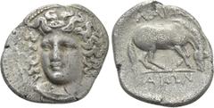 Greek Coins THESSALY. Larissa. Drachm (Circa 356-342 BC). Obv: Head of the nymph Larissa facing slightly left, with hair in ampyx. Rev: ΛΑΡΙΣ / AIΩΝ. Horse crouching right, preparing to roll. BCD Thes