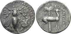 Greek Coins IONIA. Ephesos. Drachm (Circa 202-150 BC). Antigon-, magistrate. Obv: Ε - Φ. Bee. Rev: ANTIΓON. Stag standing right; palm tree in background. SNG von Aulock 1846-51 & 7823-9 var. (magistra