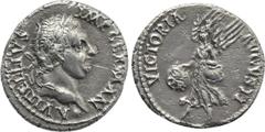 Roman Imperial Coins VITELLIUS (69). Denarius. Lugdunum. Obv: A VITELLIVS IMP GERMAN. Laureate head right, with globus at point of neck. Rev: VICTORIA AVGVSTI. Victory advancing left, holding palm fro