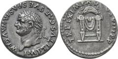 Roman Imperial Coins TITUS (79-81). Denarius. Rome. Obv: IMP TITVS CAES VESPASIAN AVG P M. Laureate head left. Rev: TR P IX IMP XV COS VIII P P. Draped pulvinar. RIC² 123. Condition: Good very fine. W