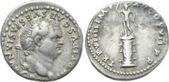 Roman Imperial Coins TITUS (79-81). Denarius. Rome. Obv: IMP TITVS CAES VESPASIAN AVG P M. Laureate head right. Rev: TR P VIIII IMP XV COS VII P P. Statue of radiate male figure with spear and parazon