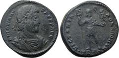 Roman Imperial Coins JOVIAN (363-364). Ae. Thessalonica. Obv: D N IOVIANVS P F P P AVG. Diademed, draped and cuirassed bust right. Rev: VICTORIA ROMANORVM / •TESΓ•. Jovian standing facing, head right,