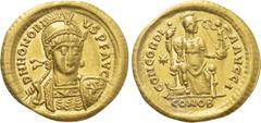 Roman Imperial Coins HONORIUS (393-423). GOLD Solidus. Constantinople. Obv: D N HONORIVS P F AVG. Helmeted and cuirassed bust facing slightly right, holding spear and shield decorated with horseman mo