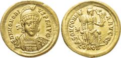 Roman Imperial Coins HONORIUS (393-423). GOLD Solidus. Constantinople. Obv: D N HONORIVS P F AVG. Helmeted and cuirassed bust facing slightly right, holding spear and shield decorated with horseman mo