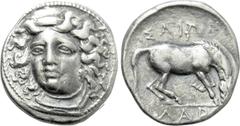 Greek Coins THESSALY. Larissa. Drachm (Circa 356-342 BC). Obv: Head of the nymph Larissa facing slightly left, with hair in ampyx. Rev: ΛΑΡΙ / ΣAIΩΝ. Horse crouching right, preparing to roll. BCD Thes