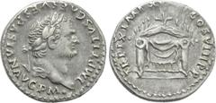 Roman Imperial Coins TITUS (79-81). Denarius. Rome. Obv: IMP TITVS CAES VESPASIAN AVG P M. Laureate head right. Rev: TR P IX IMP XV COS VIII P P. Draped triangular pulvinar, decorated with palmettes. 