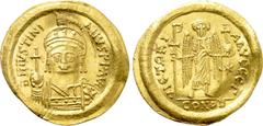 Byzantine Coins JUSTINIAN I (527-565). GOLD Solidus. Constantinople. Obv: D N IVSTINIANVS P P AVG. Helmeted and cuirassed bust facing, holding globus cruciger and shield decorated with horseman motif.