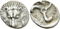 Greek Coins DYNASTS OF LYCIA. Perikles (Circa 380-360 BC). Tetrobol. Uncertain mint, possibly Limyra. Obv: Facing scalp of lion. Rev: Triskeles; uncertain bust or control in one angle; all within incu