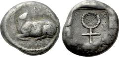 Greek Coins CYPRUS. Salamis. Euelthon (or successors) (Circa 530/15-500 BC). Stater. Obv: Recumbent ram left; Cypriot legend above and below. Rev: Ankh; Cypriot legend within, to left and to right; al