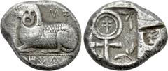 Greek Coins CYPRUS. Salamis. Gorgos(?) (Circa 500-480 BC). Stater. Obv: Recumbent ram left; Cypriot legend above and below. Rev: Ankh; Cypriot letter within, leaves in corners; all within incuse squar