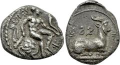 Greek Coins CYPRUS. Salamis. Evagoras I (Circa 411-374 BC). 1/3 Stater. Obv: Herakles seated right on rocks, holding club and cornucopia; Cypriot legend around. Rev: Goat kneeling right; Cypriot legen