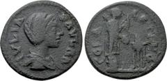 Roman Provincial Coins TROAS. Alexandria. Julia Paula (Augusta, 219-220). Ae. Obv: IVLIA PAVLA A. Draped bust right. Rev: COL ALE AVG. Statue of Apollo Smintheus right, with patera and bow; lighted tr