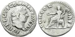 Roman Imperial Coins VITELLIUS (69). Denarius. Rome. Obv: A VITELLIVS GERM IMP AVG TR P. Laureate head right. Rev: CONCORDIA P R. Concordia seated left on throne, holding patera and cornucopia. RIC² 9