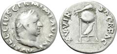 Roman Imperial Coins VITELLIUS (69). Denarius. Rome. Obv: A VITELLIVS GERM IMP AVG TR P. Laureate head right. Rev: XV VIR SACR FAC. Tripod surmounted by dolphin right; below, raven right. RIC² 109. Co