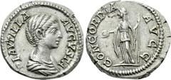 Roman Imperial Coins PLAUTILLA (Augusta, 202-205). Denarius. Laodicea ad Mare. Obv: PLAVTILLA AVGVSTA. Draped bust right. Rev: CONCORDIA AVGG. Concordia standing left, holding patera and sceptre. RIC 