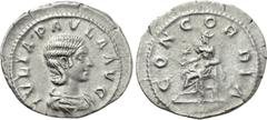 Roman Imperial Coins JULIA PAULA (Augusta, 219-220). Denarius. Rome. Obv: IVLIA PAVLA AVG. Draped bust right. Rev: CONCORDIA. Concordia seated left on throne, holding patera; star to left. RIC 211 (El