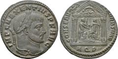Roman Imperial Coins MAXENTIUS (307-312). Follis. Aquileia. Obv: IMP C MAXENTIVS P F AVG. Laureate head right. Rev: CONSERV VRB SVAE / AQP. Tetrastyle temple, with Lupa Romana and twins in pediment an