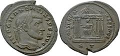 Roman Imperial Coins MAXENTIUS (307-312). Follis. Rome. Obv: IMP C MAXENTIVS P F AVG. Laureate head right. Rev: CONSERV VRB SVAE / RT. Hexastyle temple, with wreath in pediment and containing Roma, wi