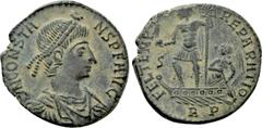 Roman Imperial Coins CONSTANS (337-350). Ae. Rome. Obv: D N CONSTANS P F AVG. Diademed, draped and cuirassed bust right. Rev: FEL TEMP REPARATIO / RP. Constans, holding labarum and crowning phoenix on