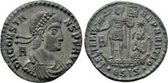Roman Imperial Coins CONSTANS (337-350). Ae. Siscia. Obv: D N CONSTANS P F AVG. Diademed, draped and cuirassed bust right; A to left. Rev: FEL TEMP REPARATIO / •ЄSIS•. Constans, holding labarum and vi