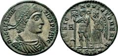 Roman Imperial Coins CONSTANTIUS II (337-361). Ae. Siscia. Obv: D N CONSTANTIVS P F AVG. Diademed, draped and cuirassed bust right. Rev: HOC SIGNO VICTOR ERIS / •ΔSIS✷. Constantius standing left, hold