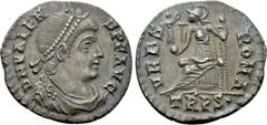 Roman Imperial Coins VALENS (364-378). Siliqua. Treveri. Obv: D N VALENS P F AVG. Diademed, draped and cuirassed bust right. Rev: VRBS ROMA / TRPS•. Roma seated left on throne, holding victoriola and 