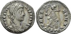 Roman Imperial Coins GRATIAN (367-383). Siliqua. Treveri. Obv: D N GRATIANVS P F AVG. Diademed, draped and cuirassed bust right. Rev: VRBS ROMA / TRPS•. Roma seated left on throne, holding victoriola 