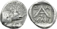 Greek Coins ARGOLIS. Argos. Hemidrachm (Circa 125-80 BC). Damar-, magistrate. Obv: Forepart of wolf at bay right. Rev: ΔΑ / ΜΑΡ. Large A; below, trident right; all within incuse square. BCD Peloponnes