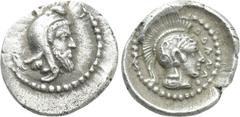 Greek Coins DYNASTS OF LYCIA. Ddenewele (Circa 410-400 BC). Obol. Uncertain mint, possibly Xanthos or Tlos. Obv: Head of dynast right, wearing bashlyk. Rev: Helmeted head of Athena right within pellet