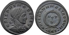 Roman Imperial Coins CRISPUS (Caesar, 316-326). Follis. Aquileia. Obv: CRISPVS NOB CAES. Laureate, draped and cuirassed bust right. Rev: CAESARVM NOSTRORVM. VOT / V in two lines within wreath; •AQS•. 