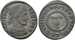 Roman Imperial Coins CRISPUS (Caesar, 316-326). Follis. Ticinum. Obv: CRISPVS NOB CAES. Laureate and cuirassed bust right. Rev: DOMINOR • NOSTROR • CAESS. VOT / X in two lines; crescent below; all wit