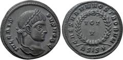 Roman Imperial Coins CRISPUS (Caesar, 316-326). Follis. Siscia. Obv: IVL CRISPVS NOB C. Laureate head right. Rev: CAESARVM NOSTRORVM. VOT / V in two lines within wreath; BSIS (star). RIC 161. Conditio