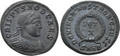 Roman Imperial Coins CRISPUS (Caesar, 316-326). Follis. Heraclea. Obv: CRISPVS NOB CAES. Laureate and cuirassed bust right. Rev: DOMINOR • NOSTROR • CAESS. VOT / X in two lines within wreath; SMHB. RI