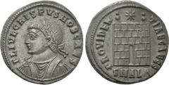 Roman Imperial Coins CRISPUS (Caesar, 316-326). Follis. Alexandria. Obv: FL IVL CRISPVS NOB CAES. Laureate, draped and cuirassed bust left. Rev: PROVIDENTIAE CAESS. Camp gate, with two turrets and ope