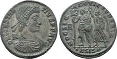Roman Imperial Coins CONSTANTIUS II (337-361). Ae. Siscia. Obv: D N CONSTANTIVS P F AVG. Diademed, draped and cuirassed bust right; A to left. Rev: HOC SIGNO VICTOR ERIS / •ASIS✷. Constantius standing