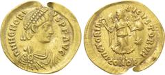 Roman Imperial Coins HONORIUS (393-423). GOLD Tremissis. Constantinople. Obv: D N HONORIVS P F AVG. Diademed, draped and cuirassed bust right. Rev: VICTORIA AVGVSTORVM / CONOB. Victory advancing right