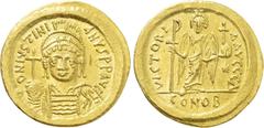 Byzantine Coins JUSTINIAN I (527-565). GOLD Solidus. Constantinople. Obv: D N IVSTINIANVS P P AVG. Helmeted and cuirassed bust facing, holding globus cruciger and shield decorated with horseman motif.