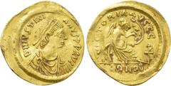 Byzantine Coins JUSTINIAN I (527-565). GOLD Semissis. Constantinople. Obv: D N IVSTINIANVS P P AVG. Diademed, draped and cuirassed bust right. Rev: VICTORIA AVGGG / CONOB. Victory seated right on shie