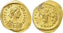 Byzantine Coins JUSTINIAN I (527-565). GOLD Tremissis. Constantinople. Obv: D N IVSTINIANVS P P AVG. Diademed, draped and cuirassed bust right. Rev: VICTORIA AVGVSTORVM / CONOB. Victory advancing righ