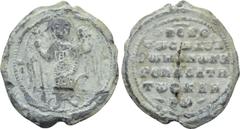 Byzantine Coins BYZANTINE LEAD SEALS. Romanos Skleros (kouropalates, mid 11th century). Obv: M / I - X / A. Archangel Michael standing facing, holding sceptre and globus cruciger. Rev: + KЄ BΘ / Tω Cω