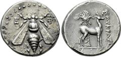 Greek Coins IONIA. Ephesos. Drachm (Circa 202-150 BC). Naukratos, magistrate. Obv: Ε - Φ. Bee. Rev: NAYKPATHΣ. Stag standing right; palm tree behind. Kinns, Attic, p. 89; Numismatik Naumann 53, lot 24
