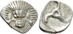 Greek Coins DYNASTS OF LYCIA. Perikles (Circa 380-360 BC). Tetrobol. Uncertain mint, possibly Limyra. Obv: Facing scalp of lion. Rev: Triskeles within incuse circle. Müseler VIII.47-51; SNG von Aulock